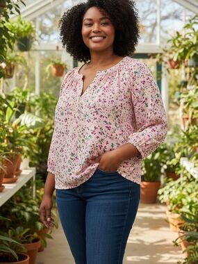 crown & ivy Pink Floral Split-Neck Blouse